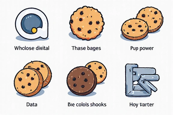 Illustration of various types of cookies in a digital environment, representing data collection and privacy