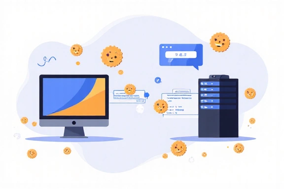 Illustration of a server and a web browser exchanging data, with cookie icons flowing between them