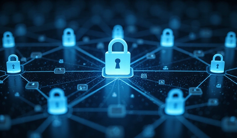 Abstract network showing secure data transfer between interconnected nodes with a lock icon