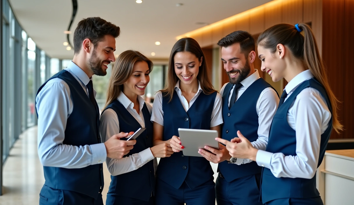 Diverse team of hotel staff collaborating in a modern hotel lobby, smiling and working together