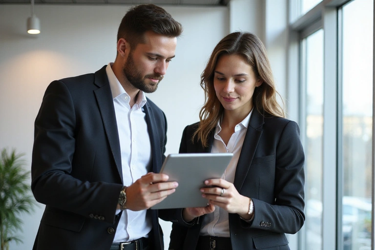 Two business professionals discussing a presentation on a tablet in a modern office setting