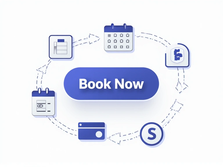 Abstract visual representing an online booking process with a 'book now' button